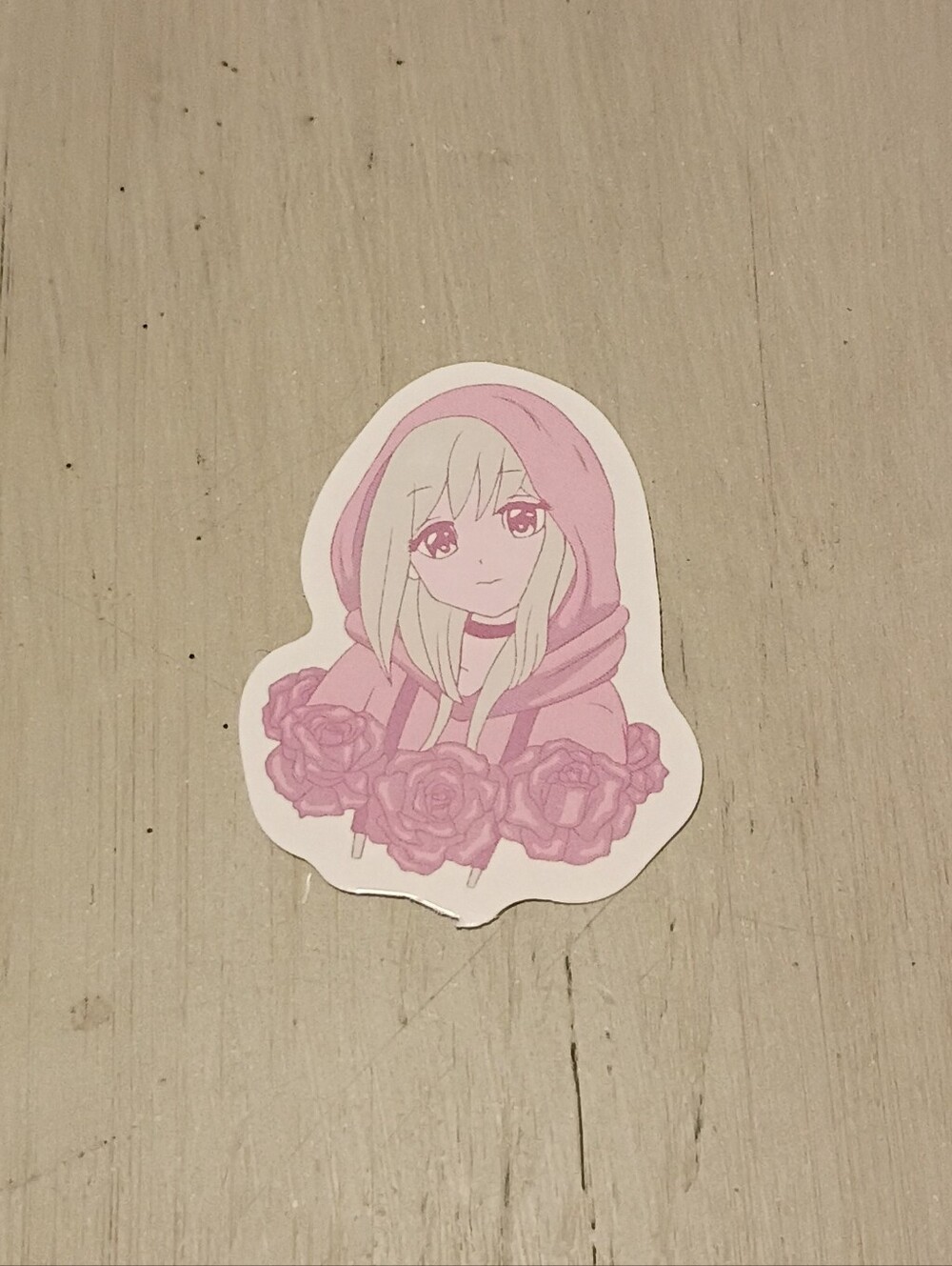 10/$10 Sticker Decal - Anime Girl In Pinkish/Purple Hoodie With Flowers